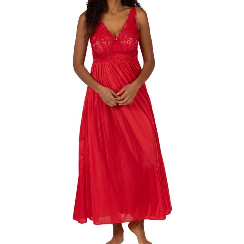 Shadowline Red Lace Bodice Maxi Nightgown Sleep Dress Plus Size 1X 31737 tt